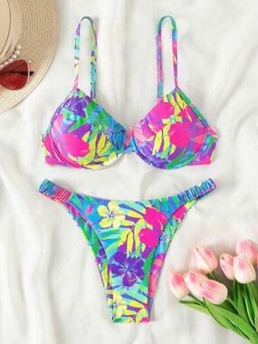 Tropical Floral Push-Up Bikini Set in Bright Multicolor
